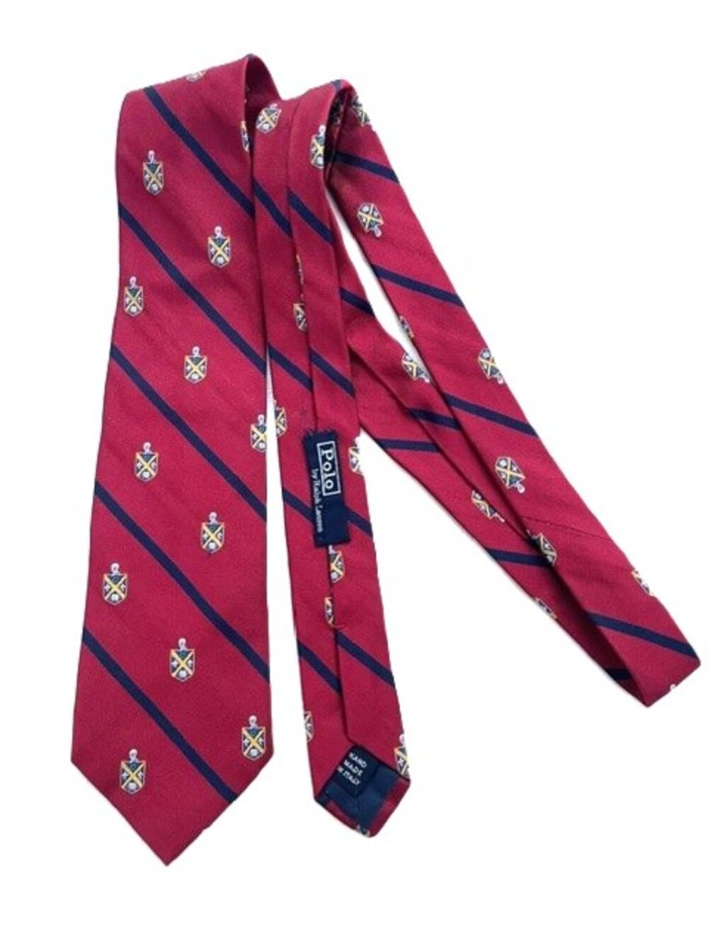 Polo by Ralph Lauren Unisex 100% Silk Crest & Stripe Tie, Handmade in Italy